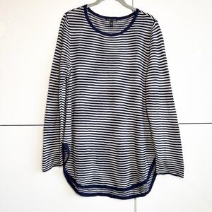 Eileen Fisher Linen Navy Natural Striped Knit Tunic Top Long Sleeve Size Medium